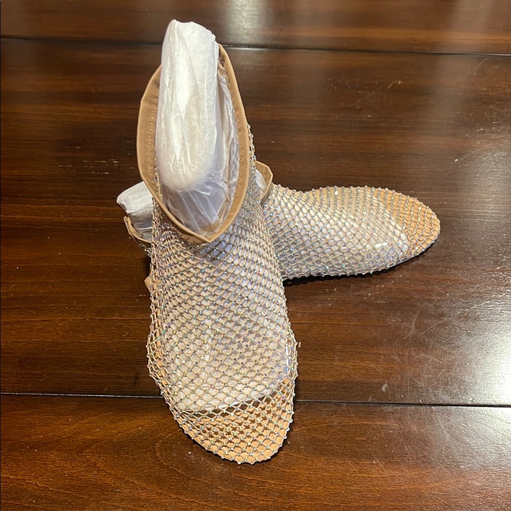 Mesh Ankle Sandals in Tan & Crystal